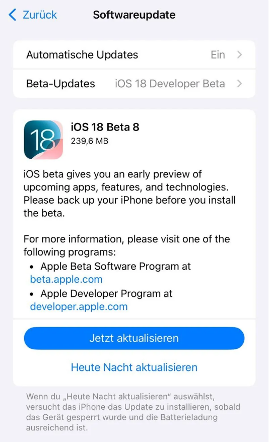 滨城苹果手机维修分享苹果 iOS / iPadOS 18 开发者预览版 Beta 8 发布 